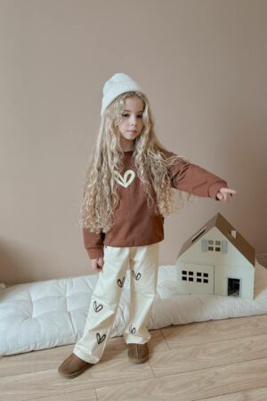 Kalp Detaylı Kız Çocuk Takım (Kahve)