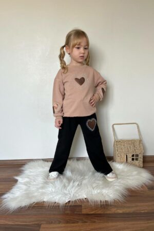 Kalp Detaylı Kız Çocuk Takım (Kahve)