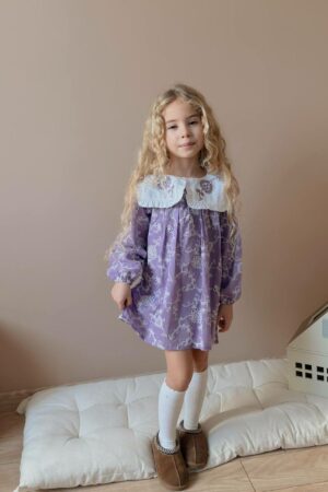 Yaka Nakışlı Kız Çocuk Elbise (Lila)