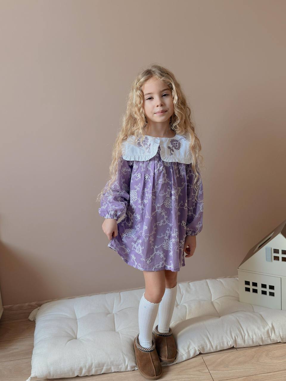 Yaka Nakışlı Kız Çocuk Elbise (Lila)