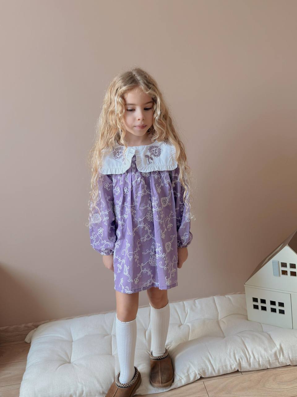 Yaka Nakışlı Kız Çocuk Elbise (Lila) - Görsel 4