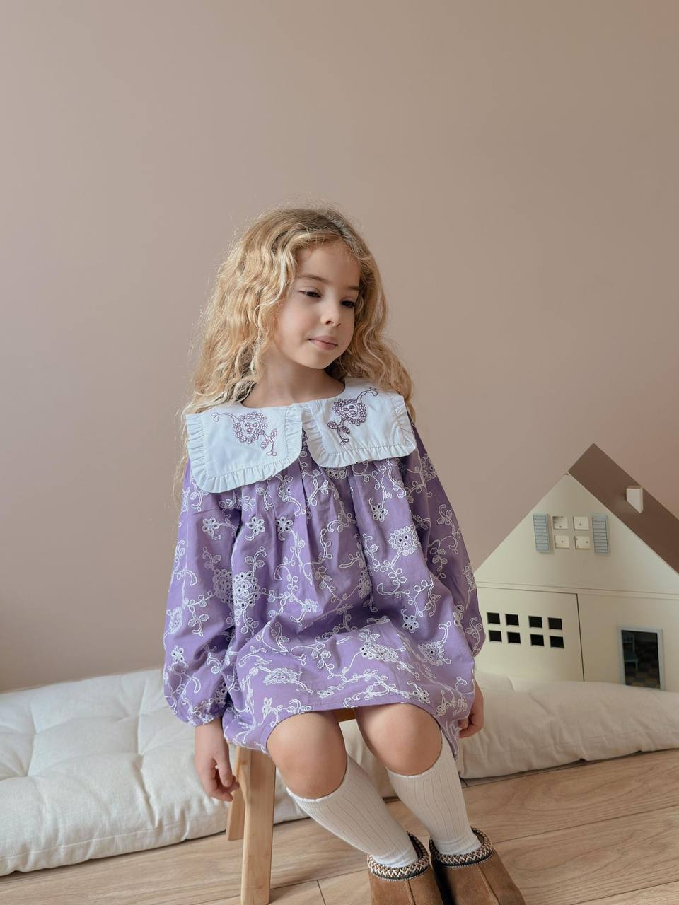 Yaka Nakışlı Kız Çocuk Elbise (Lila) - Görsel 2