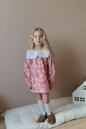 Yaka Nakışlı Brode Kız Çocuk Elbise