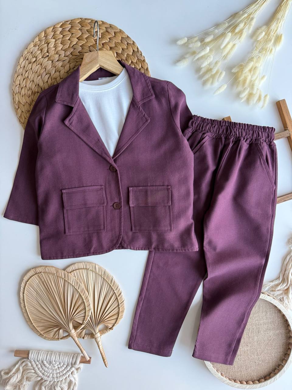 %100 Pamuklu Keten Takım Elbise (Bordo)